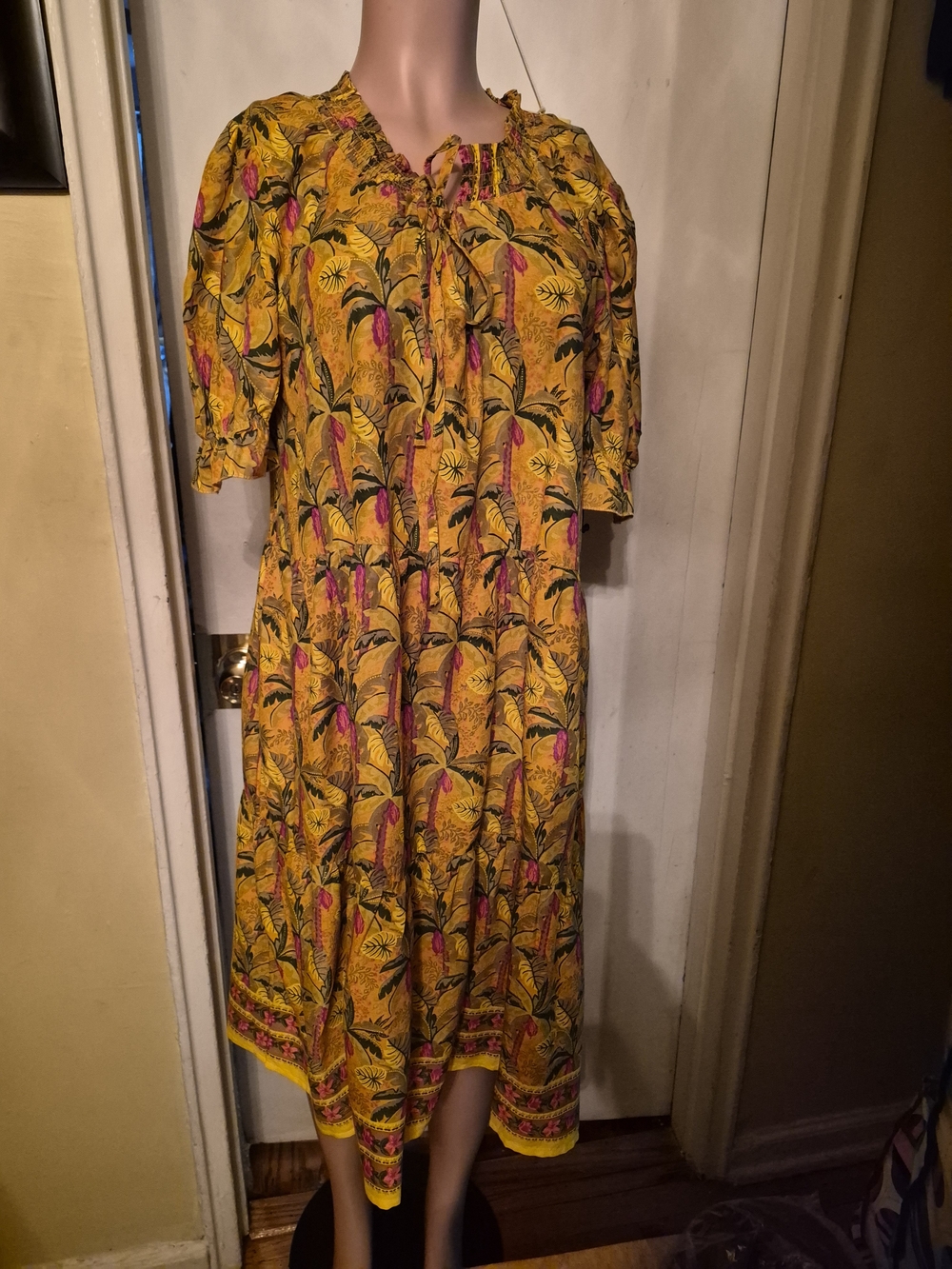 Margaux Riviera Women Bohemian Yellow Floral Midi Tiered Pink Dress SZ XL